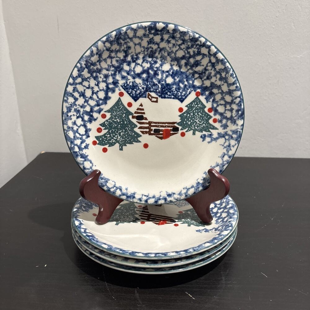 Folk Craft Cabin in the Snow Salad Dessert Plates 7.5" Vintage Tienshan Set Of 4